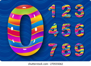 This is a set of numbers, they are glossy, multicolored. They are contained within the texture of waves. Zero 0 One 1 Two 2 Three 3 Four 4 Five 5 Six 6 Seven 7 eight 8 nine 9