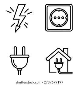 This set of outline vector icons represents electricity and power, including a lightning bolt, an electrical outlet, a power plug, and a house with a plugged-in cable.