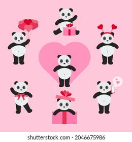 This is a set of pandas in different actions for valentines day isolated on a pink background.