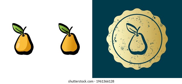 This is a set of pears retro, contour, gradient icons. This is a gold sticker, pear label. Stylish solution for packaging and website design. Round grunge gold stamp. 
