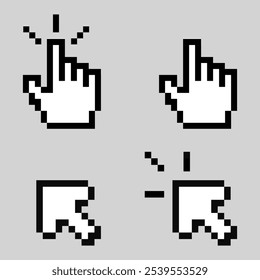This set of pixel art cursor and hand icons in retro 8 bit style is ideal for digital projects, web design, or UI UX mockups. Perfect for nostalgic or minimalist aesthetics.