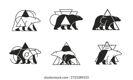 This set presents several geometric illustrations of polar bears, rendered in black and white. The designs incorporate shapes like triangles, circles, and lines, creating a modern, abstract style. Suitable for various applications, these vector illustrations could be used in design projects, branding, and editorial content.
