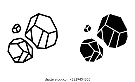 This set presents two vector illustrations of mineral clusters or rocks. The first is a line drawing showcasing geometric shapes forming crystal-like structures. The second is a solid fill silhouette providing a bold dark contrast. These graphics are suitable for themes related to geology mining gemstones science abstract art or decorative elements in design projects.