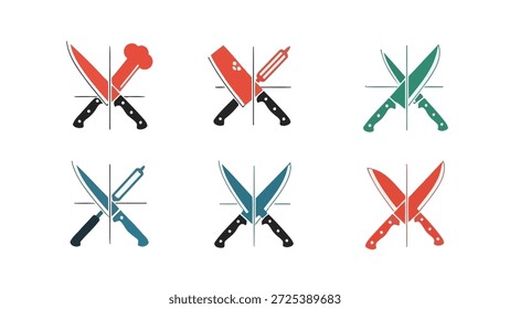 This set presents various crossed chef knives paired with culinary tools in a graphic arrangement against a clean white backdrop. The designs use bold colors, contrasting shapes, and stylized illustrations suitable for commercial projects. The images convey food preparation concepts, possibly for restaurant promotions or cooking-related content.