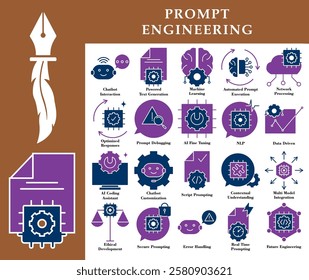 This set of Prompt Engineering flat icons is professionally designed to represent the concept of prompt engineering in artificial intelligence, with blue and purple colors.