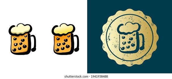 This is a set of retro, contour, gradient beer mug icons. This is a gold sticker, a beer mug label. Stylish solution for packaging and website design. Round grunge gold stamp.