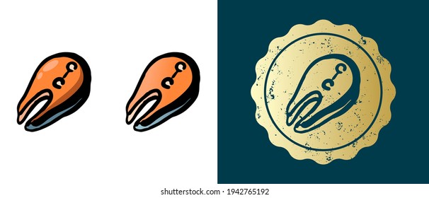 This is a set of retro, contour, gradient fish steak icons. This is a gold sticker, the salmon steak label. Stylish solution for packaging and website design. Round grunge gold stamp.