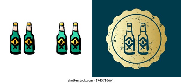 This is a set of retro, contour, gradient icons of beer bottles. This is a gold sticker, alcohol bottle label. Stylish solution for packaging and website design. Round grunge gold stamp.