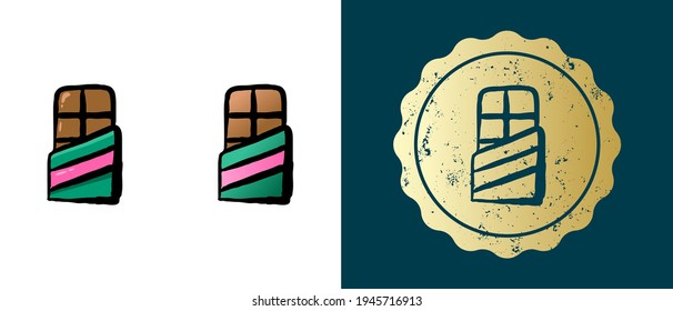 Este es un conjunto de iconos retro, contorno, barra de chocolate degradado. Esta es una pegatina de oro, una etiqueta de barra de chocolate. Solución elegante para el empaquetado y el diseño del sitio web. Sello dorado redondo.