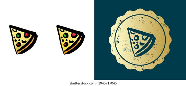 This is a set of retro, contour, gradient icons of a slice of pizza. This is a gold sticker, a label for a slice of pizza. Stylish solution for packaging and website design. Round grunge gold stamp. 