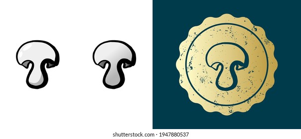 This is a set of retro, contour, gradient icons of champignon. This is a gold sticker, the label of the sliced champignon. Stylish solution for packaging and website design. Round grunge gold stamp.