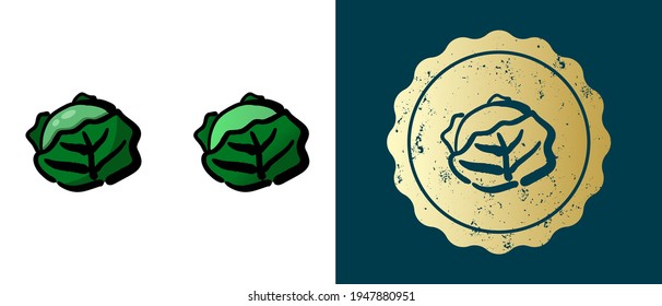 This is a set of retro, contour, gradient cabbage icons. This is a gold sticker, cabbage label. Stylish solution for packaging and website design. Round grunge gold stamp. 