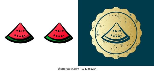 This is a set of retro, contour, gradient icons of watermelon. This is a gold sticker, a label for a piece of watermelon. Stylish solution for packaging and website design. Round grunge gold stamp. 