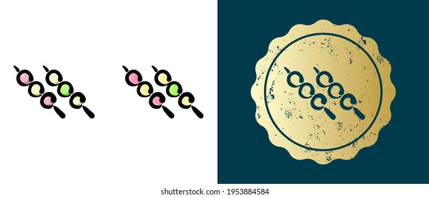 This is a set of retro, contour, gradient dango icons. This is a gold sticker, dango label. Stylish solution for packaging and website design. Round grunge gold stamp. 