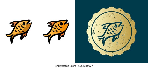 This is a set of retro, contour, gradient fried fish icons. This is a gold sticker, a fried fish label. Stylish solution for packaging and website design. Round grunge gold stamp. 