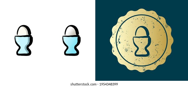 This is a set of retro, contour, gradient soft-boiled eggs icons. This is a gold sticker, soft boiled egg label. Stylish solution for packaging and website design. Round grunge gold stamp. 
