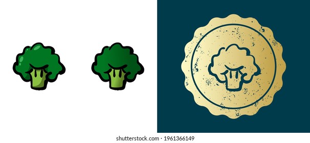 This is a set of retro, contour, gradient spinach icons. This is a gold sticker, spinach label. Stylish solution for packaging and website design. Round grunge gold stamp. 