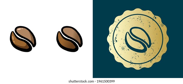 This is a set of retro, contour, gradient coffee beans icons. This is a gold sticker, the label of the coffee grain. Stylish solution for packaging and website design. Round grunge gold stamp. 