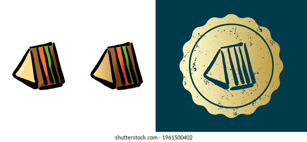This is a set of retro, contour, gradient triangle sandwich icons. This is a gold sticker, triangle sandwich label. Stylish solution for packaging and website design. Round grunge gold stamp. 