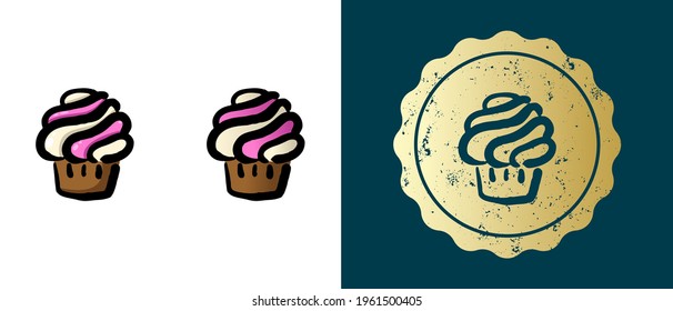 This is a set of retro, contour, gradient cupcake icons. This is a gold sticker, cupcake label. Stylish solution for packaging and website design. Round grunge gold stamp. 