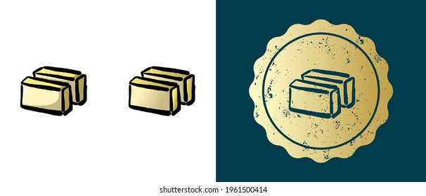 This is a set of retro, contour, gradient butter icons. This is a gold sticker, butter label. Stylish solution for packaging and website design. Round grunge gold stamp. 