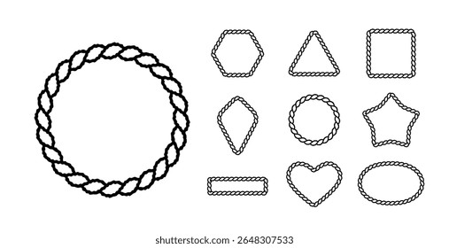 Este conjunto de bordas vetoriais de corda apresenta 9 formas, como círculos e hexágonos. Com textura de corda detalhada, é ideal para convites e cartazes. Escalável sem perda de qualidade!