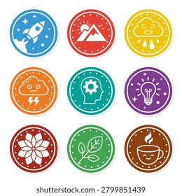 This set of round flat icons features diverse concepts including a rocket, mountain landscape, weather patterns, gear-head, lightbulb idea, flower, leaves, and coffee. These clean, minimalist designs are perfect for web and app interfaces.