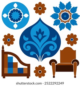  This set of seamless brown and blue floral patterns features intricate designs perfect for luxury fabric prints, wallpaper, or interior decor. Ideal for furniture, textiles, and digital projects.