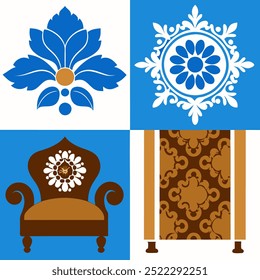  This set of seamless brown and blue floral patterns features intricate designs perfect for luxury fabric prints, wallpaper, or interior decor. Ideal for furniture, textiles, and digital projects.