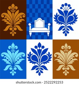  This set of seamless brown and blue floral patterns features intricate designs perfect for luxury fabric prints, wallpaper, or interior decor. Ideal for furniture, textiles, and digital projects.