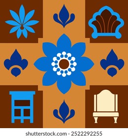  This set of seamless brown and blue floral patterns features intricate designs perfect for luxury fabric prints, wallpaper, or interior decor. Ideal for furniture, textiles, and digital projects.