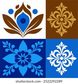  This set of seamless brown and blue floral patterns features intricate designs perfect for luxury fabric prints, wallpaper, or interior decor. Ideal for furniture, textiles, and digital projects.