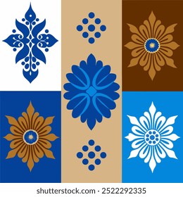  This set of seamless brown and blue floral patterns features intricate designs perfect for luxury fabric prints, wallpaper, or interior decor. Ideal for furniture, textiles, and digital projects.