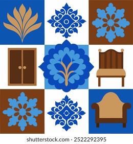  This set of seamless brown and blue floral patterns features intricate designs perfect for luxury fabric prints, wallpaper, or interior decor. Ideal for furniture, textiles, and digital projects.