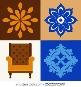  This set of seamless brown and blue floral patterns features intricate designs perfect for luxury fabric prints, wallpaper, or interior decor. Ideal for furniture, textiles, and digital projects.