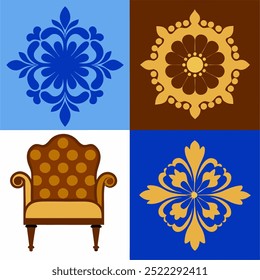  This set of seamless brown and blue floral patterns features intricate designs perfect for luxury fabric prints, wallpaper, or interior decor. Ideal for furniture, textiles, and digital projects.