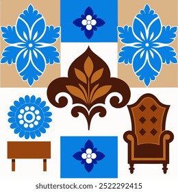  This set of seamless brown and blue floral patterns features intricate designs perfect for luxury fabric prints, wallpaper, or interior decor. Ideal for furniture, textiles, and digital projects.