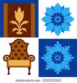  This set of seamless brown and blue floral patterns features intricate designs perfect for luxury fabric prints, wallpaper, or interior decor. Ideal for furniture, textiles, and digital projects.