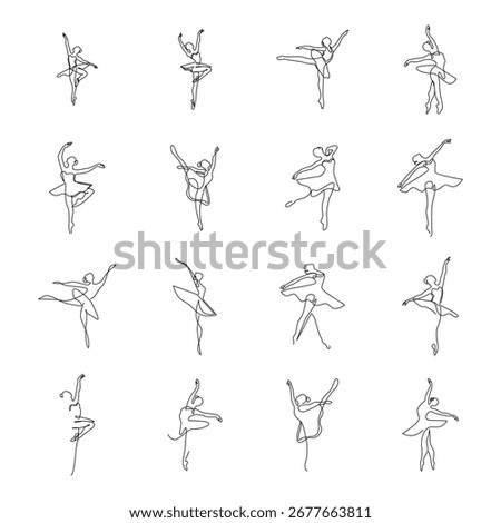 This set showcases ballet dancers in expressive poses, captured with a single line art style. Perfect for dance studios and cultural projects.