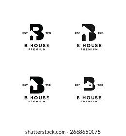Este conjunto muestra cuatro elegantes variaciones del logotipo en blanco y negro con la letra B inteligentemente integrada con un símbolo de la casa,