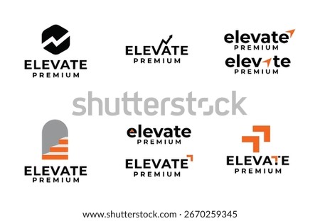 This set showcases various contemporary logo designs for an "Elevate Premium" brand, featuring dynamic graphic elements like upward-pointing arrows, abstract steps, and geometric