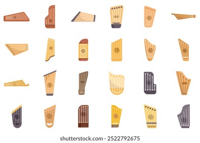 This set shows different types of gusli, a traditional slavic string instrument, typically played by plucking