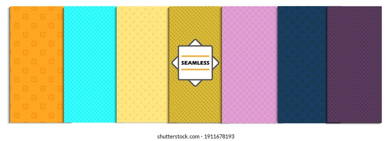 This is a Set of simple colorful background swatches with elegant minimal labels Abstract modern textures.Minimalist vector geometric seamless pattern collection. Pink, orange, yellow, blue, purple 
