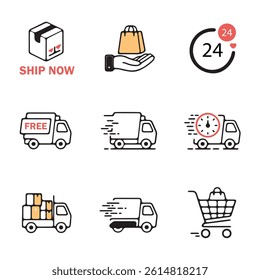 This set of simple, flat icons showcases various aspects of fast and free shipping.