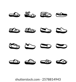 This set of simple icons depicts various types of footwear including sandals, sneakers, loafers, and slippers