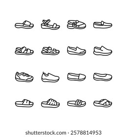 This set of simple icons depicts various types of footwear including sandals, sneakers, loafers, and slippers