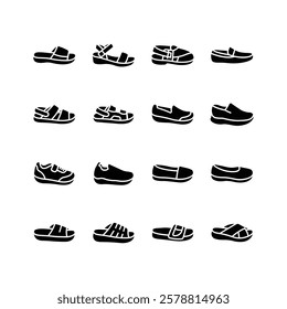 This set of simple icons depicts various types of footwear including sandals, sneakers, loafers, and slippers