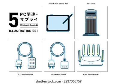 This is a set of simple line drawing illustrations of items related to computers.