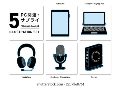 This is a set of simple line drawing illustrations of items related to computers.