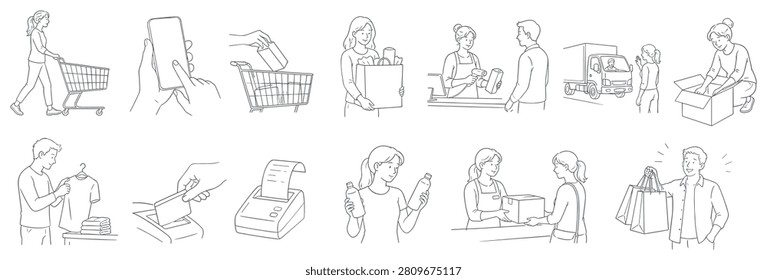 This set of simple line drawings showcases diverse consumer experiences from online shopping to in-store purchases and delivery